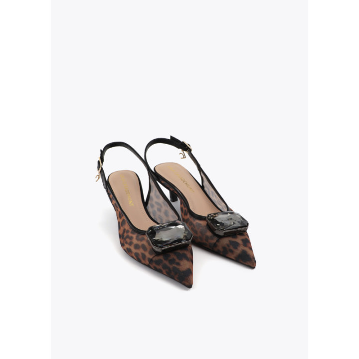 Zapato tacón en rejilla animal print y cristal